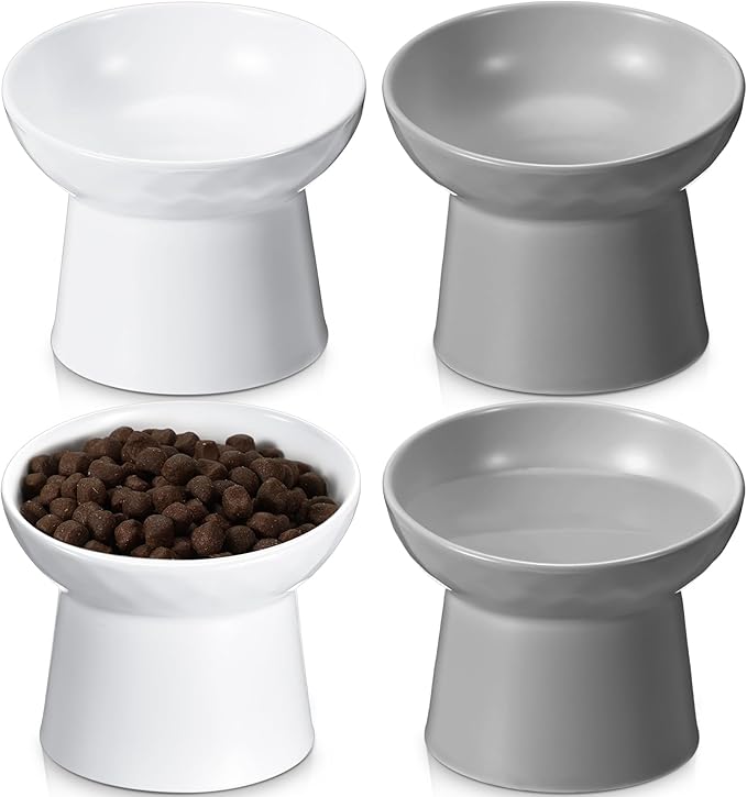 Tanlade 4 Pcs Ceramic Raised Cat Bowls, Elevated Tilted Cat Bowl, Stress Free, Backflow Prevention, Dishwasher and Microwave Safe for Indoor Kitten, Puppies(White and Grey)