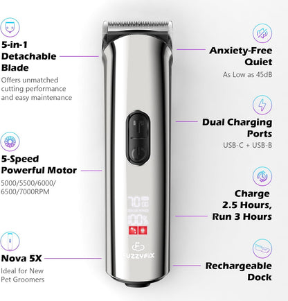 Professional Dog Grooming Clippers with Charging Dock, 5-in-1 Adjustable Blade Cordless Pet Grooming Kit 5 Speed Rechargeable Trimmer Hair Shaver with Detachable Guide Combs for Animal Horse