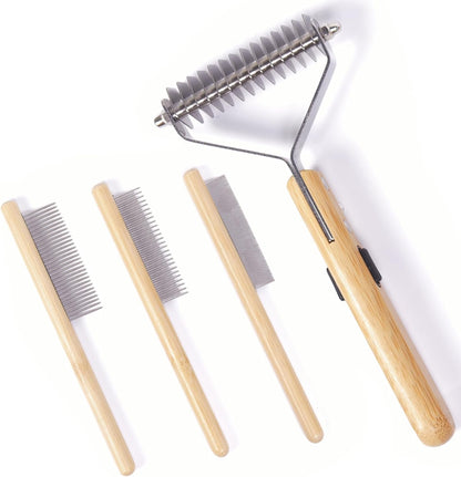 Bamboo Undercoat Rake & Deshedding Comb Set - 4 Piece Pet Grooming Kit with Detangling Brush for Matted Fur Removal, Gentle Massage and Deep Cleaning for Dogs and Cats