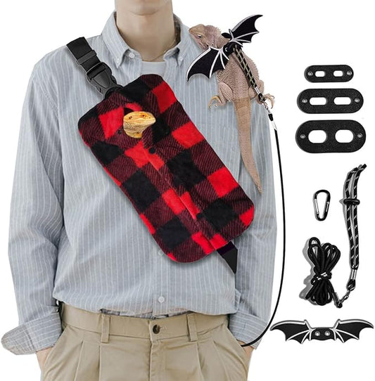 WATFOON Adjustable Lizard Leather Leash Harness and Bearded Dragon Carrier Sling, Reptile Small Pet Training Leashes and Beardie Snuggle Bag for Outdoor Travel(Plaid Sling)