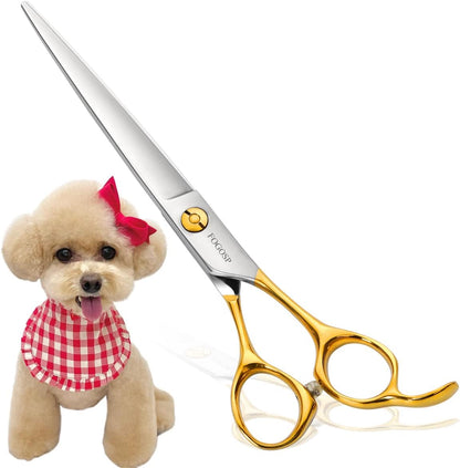 Professional Dog Grooming Scissors Straight 7.5" Pet Grooming Shears for Cutting Small Dogs Cat Thick Hair Japan 440C Stainless Steel Right Handed(7.5in Straight, Gold)