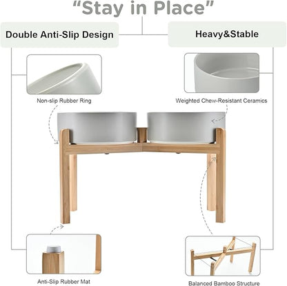 SPUNKYJUNKY Elevated Dog Bowls Ceramic, 8.3'' Dogs Food Water Bowls Raised with Non-Slip Bamboo Stand for Large Sized Breed Microwave Dishwasher Safe - 60 OZ,Grey