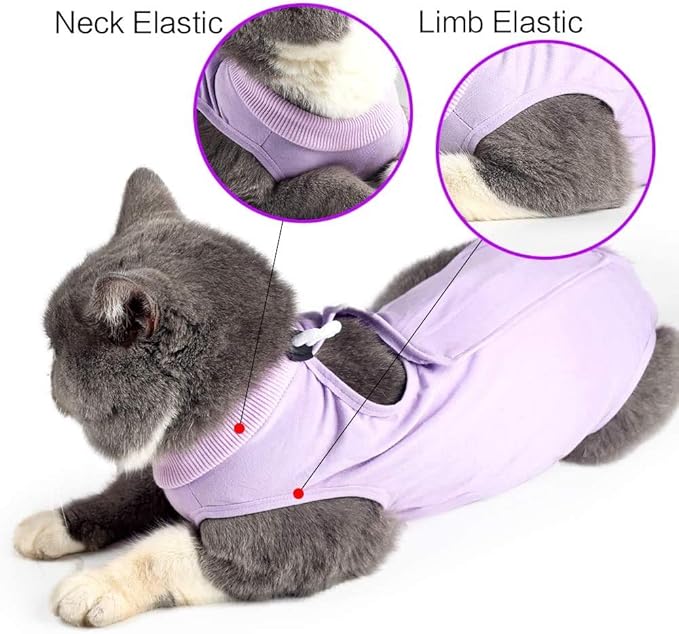 Cat Surgery Recovery Suit Cat Onesie for Cats After Surgery Spay Surgical Abdominal Wound Skin Diseases E-Collar Alternative Wear (Purple-L)