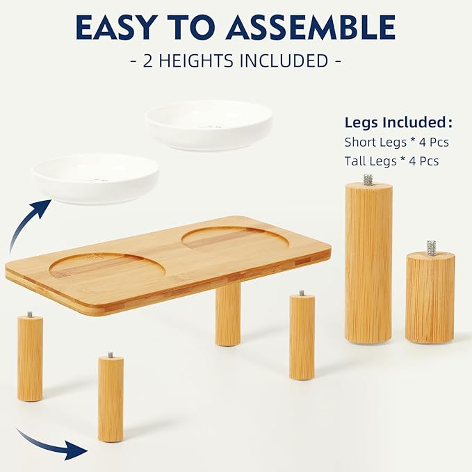 Elevated Cat Bowls for Indoor Cats – Raised Bamboo Cat Food Table with 2 Ceramic Dishes, Adjustable Height (4.25"/3.07"), Set of 1