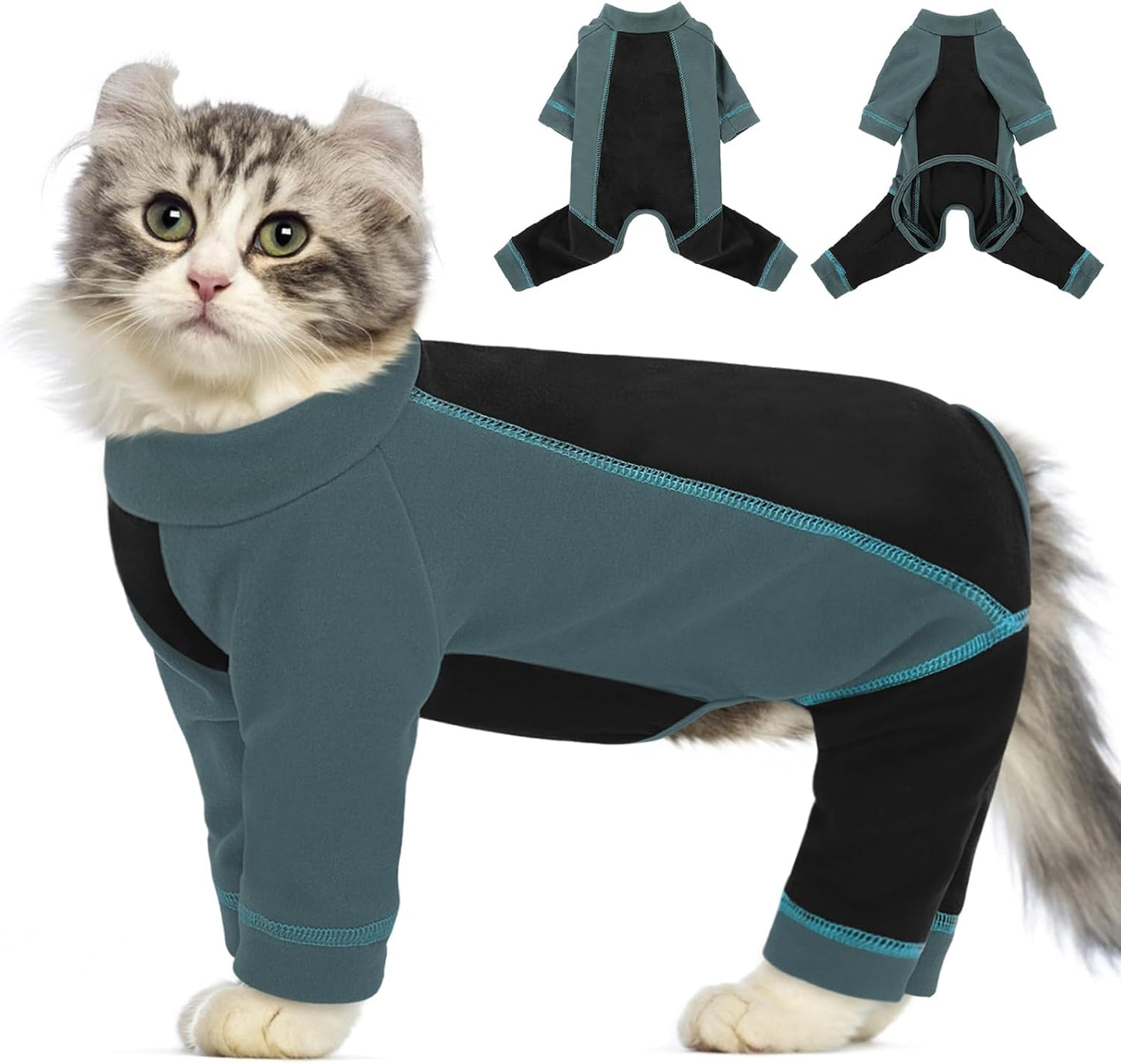 SUNFURA Hair Sticky Cat Clothes, Cat Sweater for Cats Only, 4-Legged Fleece Sweaters Kitten Pajamas Reduce Shedding Fur, Warm Pullover Shirts for Cats, Green M