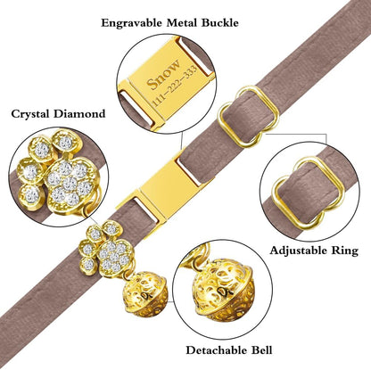 Personalized Breakaway Cat Collars - Magnetic Buckle, Bell - Safety Quick Release, Customized for Girls & Boys Cats- (Velvet-Chocolate)