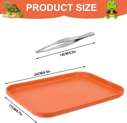 2 Pieces Reptile Food Water Dish, Reptile Feeding Bowl, Tortoise Feeding Dish, Plastic Pets Feeding Plate with 1Pcs Forcep, Crawl Pet Basking Platform for Turtle Lizard Bearded Dragon Gecko Snake