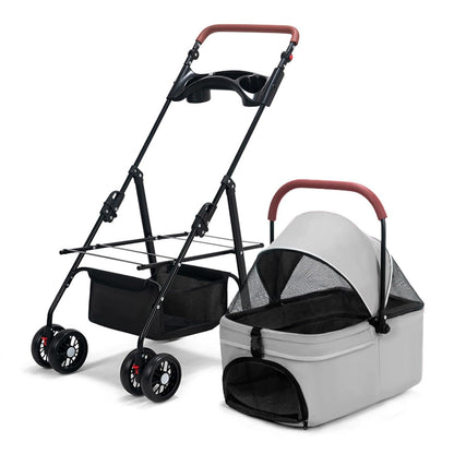 Pet Stroller Pram Dog Carrier Trailer 4 Wheels Foldable Dog with Storage Basket,Holds up to 44 lbs,Adjustable Handle,Folding Travel Stroller Suitable for Traveling with Cats and Dogs (Grey)