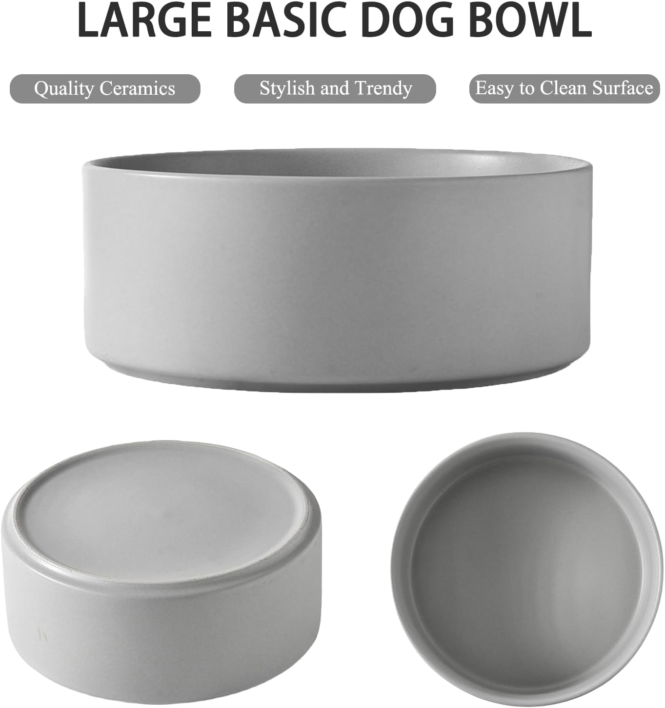 8'' Ceramic Dog Bowl - 70Oz Classic Dogs Food & Water Bowl for Medium and Large Breeds, Heavy-Duty Non-Slip Dog Dish, Food Grade Stoneware Pet Bowl, Dishwasher & Microwave Safe, Grey