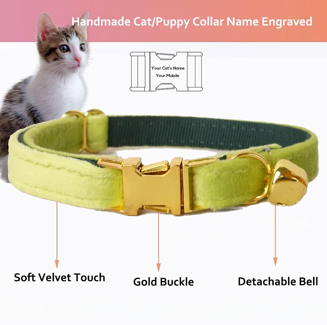 Cat Collar Personalized with Name Engraved and Bell, Customized Velvet Collars for Puppy Kittens (Moss Green, L)