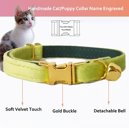 Cat Collar Personalized with Name Engraved and Bell, Customized Velvet Collars for Puppy Kittens (Moss Green, L)