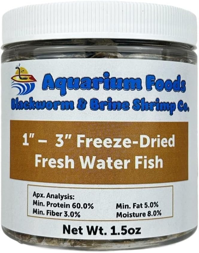 Aquatic Foods Inc. Freeze Dried 1"- 3" Fresh Water Fish for Piranhas Large Fish, Land and Aquatic Turtles, Rodents, Reptiles, Lizards, Cat Treats & More…1.5oz Sm Round Jar