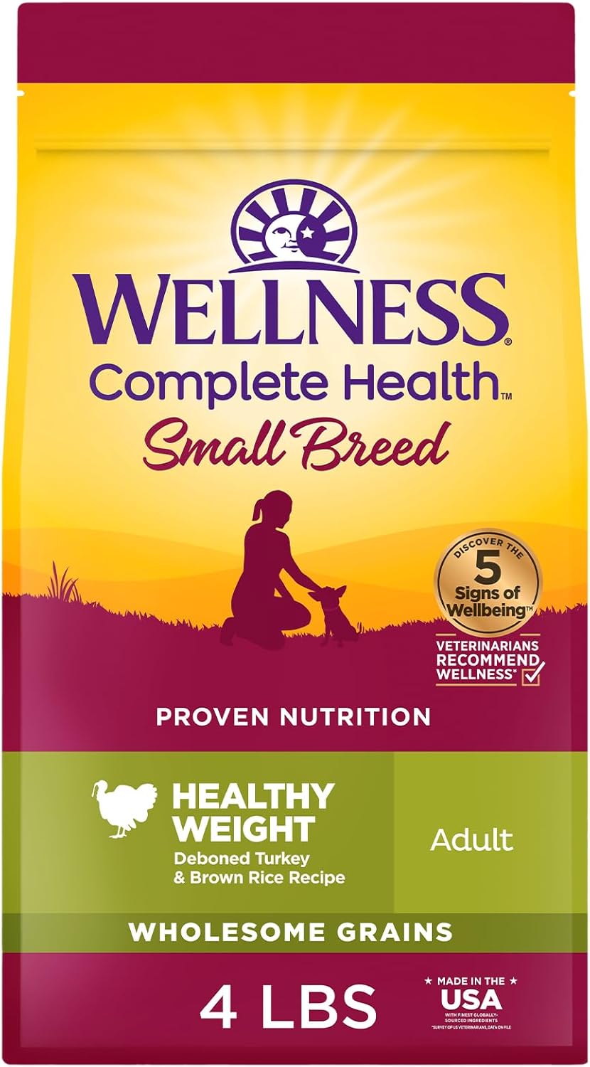 Wellness Complete Health Small Breed Dry Dog Food with Grains, Natural Ingredients, Made in USA with Real Turkey, For Dogs Up to 25 lbs (Adult, Healthy Weight Turkey & Rice, 4-Pound Bag)