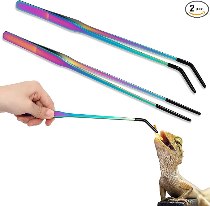 Lasnten 2 Pcs Extra Long Stainless Steel Reptile Feeding Tongs with Rubber Tip Bearded Dragon Aquarium Straight and Curved Long Tweezer Terrarium Feeder Tool for Tank(10 Inch, 10.5 Inch,Colorful)