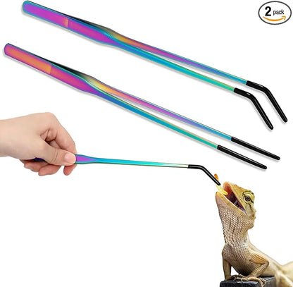 Lasnten 2 Pcs Extra Long Stainless Steel Reptile Feeding Tongs with Rubber Tip Bearded Dragon Aquarium Straight and Curved Long Tweezer Terrarium Feeder Tool for Tank(10 Inch, 10.5 Inch,Colorful)