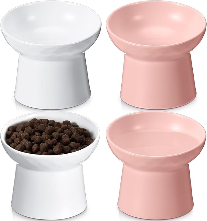 Tanlade 4 Pcs Ceramic Raised Cat Bowls, Elevated Tilted Cat Bowl, Stress Free, Backflow Prevention, Dishwasher and Microwave Safe for Indoor Kitten, Puppies(White and Pink)