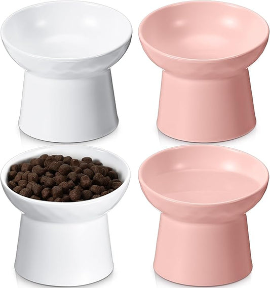 Tanlade 4 Pcs Ceramic Raised Cat Bowls, Elevated Tilted Cat Bowl, Stress Free, Backflow Prevention, Dishwasher and Microwave Safe for Indoor Kitten, Puppies(White and Pink)