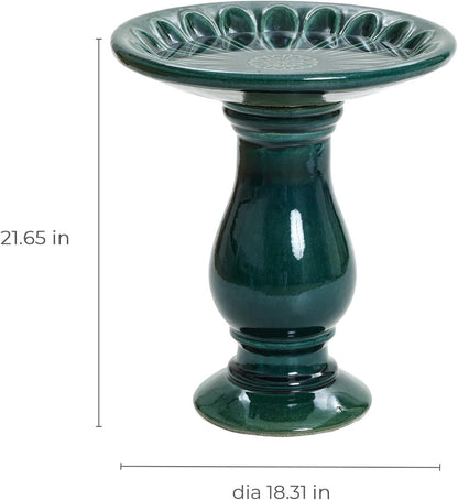 LuxenHome 22 Inch Ceramic Bird Bath for Outside, Elegant Tall Outdoor Bird Bath, Lightweight Pedestal Glazed Birdbaths for Outdoors with Floral Pattern, Dark Green