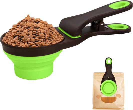 Collapsible Silicone Dog Food Scoop Foldable Pet Food Measuring Cup with Bag Clip 3 in 1 Multi-Function Silicone Dog Food Scooper (Green, Small)