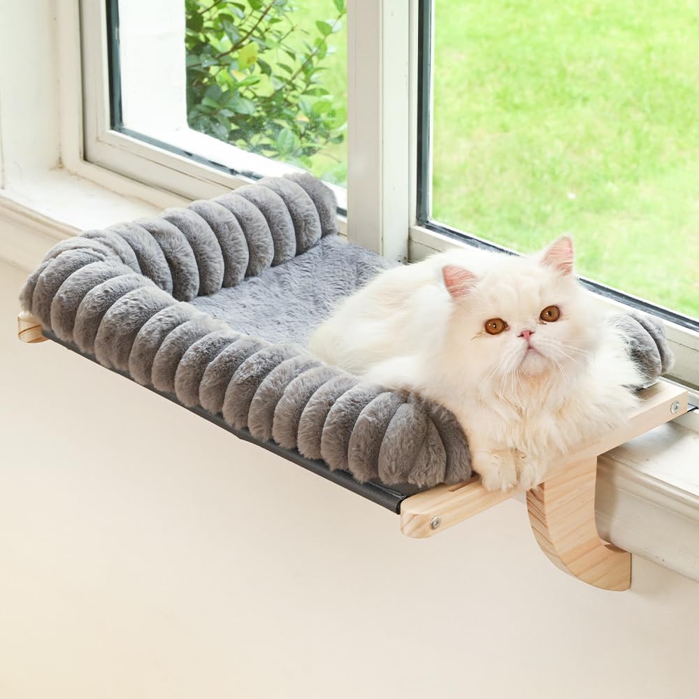 Cloud-Soft Cat Window Sill Perch with Zipper Designed Cushioned Bed, Supportive Cat Window Seat with Premium Solid Wood & Sturdy Metal Frame, Pet Hammock Bed for Large Cats (Medium, Gray)