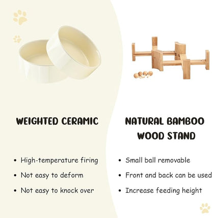 SPUNKYJUNKY 15° Slanted Ceramic Dog and Cat Bowl with Wooden Stand, Tilted Bulldog Food and Water Bowl No Slip Non-Spill for Cats Medium Dogs Big Face Pets 13.5 OZ (1.7 Cups, Beige × 2)