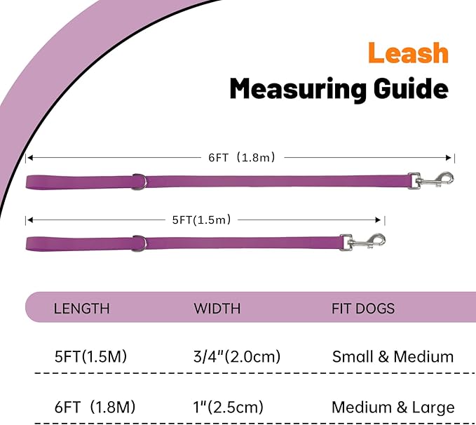 Waterproof Dog Leash, 5/6 FT Durable Odor-Proof Dog Leashes with Strong Metal Hooks Fits Small Medium or Large Dogs (Purple, 6FT - 1 inch Width)