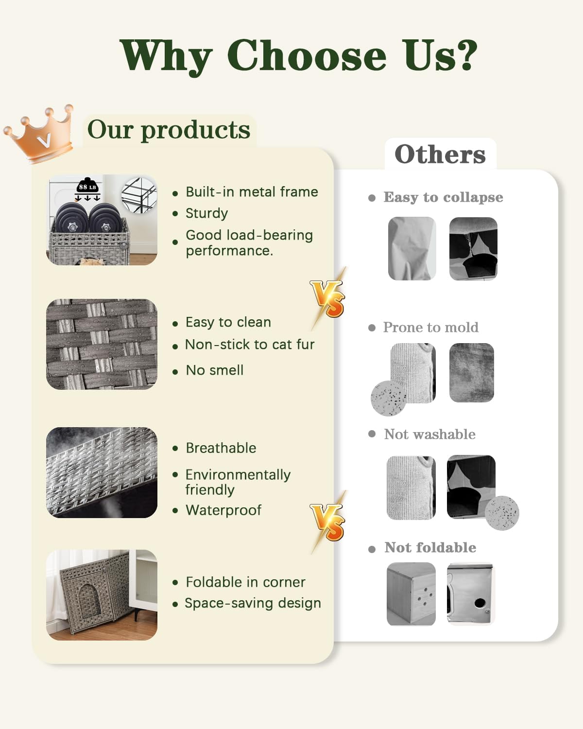 Cat Beds for Indoor Cats Extra Large Double Cat Cave Pet Cube, Handwoven Rattan Cat Houses with Double-Sided Soft Cushions, 18.5 x 20.5 x 19.1 Inches Foldable Hideaway in Living Room Gray