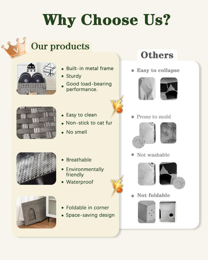 Cat Beds for Indoor Cats Extra Large Double Cat Cave Pet Cube, Handwoven Rattan Cat Houses with Double-Sided Soft Cushions, 18.5 x 20.5 x 19.1 Inches Foldable Hideaway in Living Room Gray