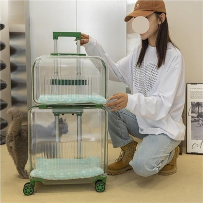 Rolling Pet Trolley Case, Portable Hard Shell Pet Carrier, Clear Plastic Cat Travel Box, Suitable for Cats and Dogs(Green,11.4 * 16.1 * 25.2in)