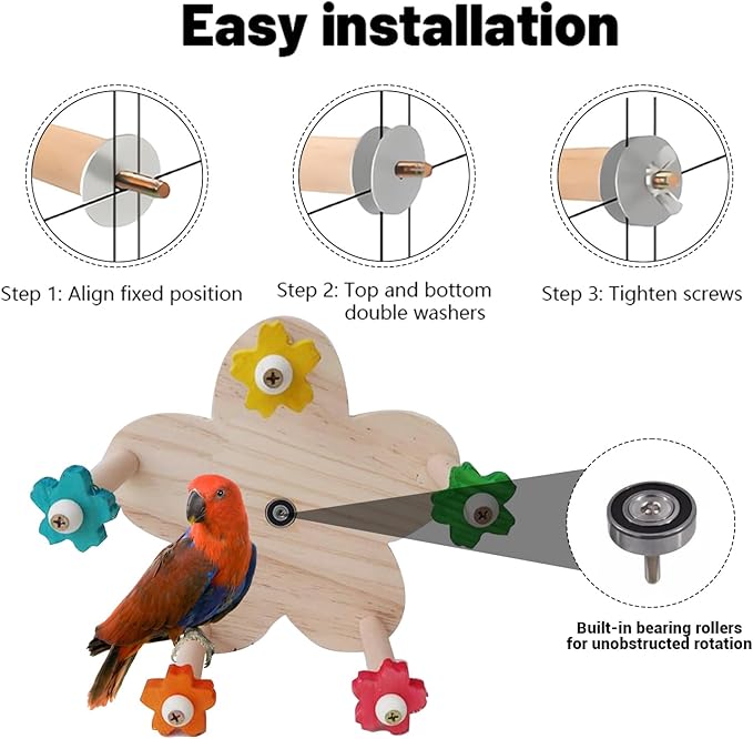 Bird Rotating Perch Toy, Wooden Ferris Wheel with 5 Color Flower Holder Perches, Hanging Bird Stand Cage Accessories for Parakeet, Parrot, Cockatiel, Budgerigar, Conure, Lovebirds (A)