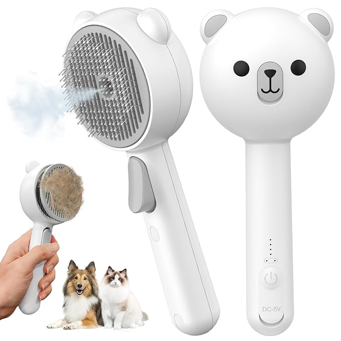 Cat Steam Brush, Self Cleaning Pet Spray Hair Removal Comb with Release Button, 3 In 1 Cat Brush for Indoor Cats for Shedding, Waterproof Pet Grooming Brushes for Long Short Haired Dogs Cats