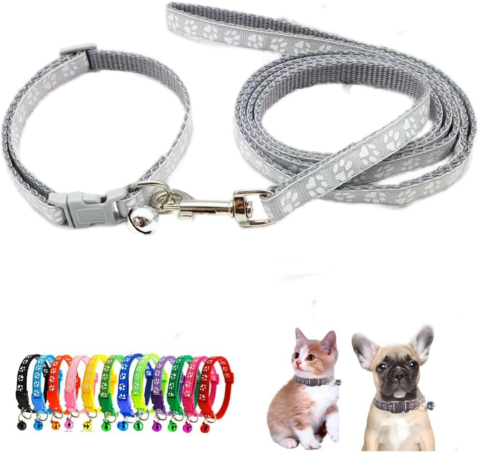 Cat Collars with Bell Leash Set, Nylon Basic Reflective Puppy Collar Boy Girls Paw Print for XXS Xs Small Dog Kitten Pet Animal Tiny,Grey