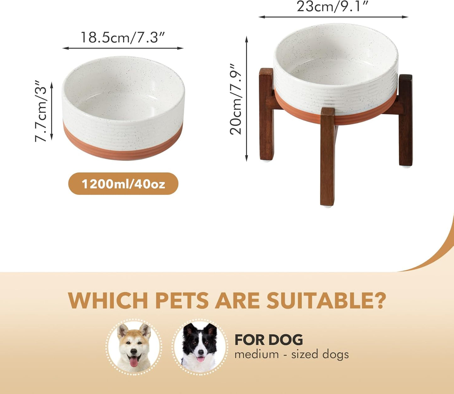 Ceramic 7.3inch Raised Dog Bowl Set, Elevated with Acacia Wood Stand, Food and Water Bowl for Medium Breed Dogs, Weighted Pet Dishes(41oz, Vanilla White)