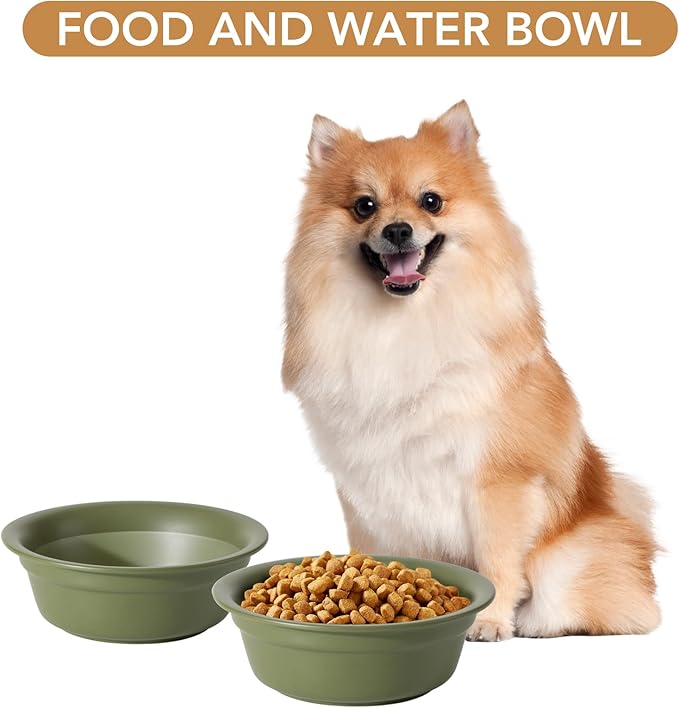 Ceramic 6.3inch Set of 2 Dog Bowls, 2pcs Basic Food and Water Dishes for Small and Medium Dogs, Wide Opening Rounded Edge (2 Bowls, Olive Green)