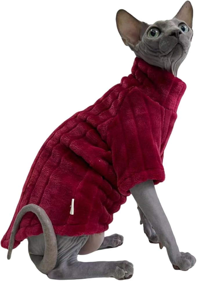 Turtleneck Sweater for Sphynx Cat Soft Coral Fleece Cat Clothes Thick Winter Warm Outfit Coat for Hairless Cats and Small Dogs Apparel with Sleeves (Wine, L (7-8.5 lbs))