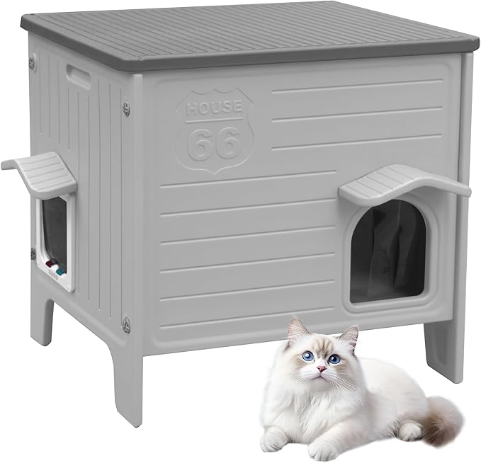 Outdoor Cat House Weatherpoof Large Plastic Cats Houses with Escape Door Indoor Waterproof Feral/Pet Cat Shelter Outside for Multiple Cats (Grey)