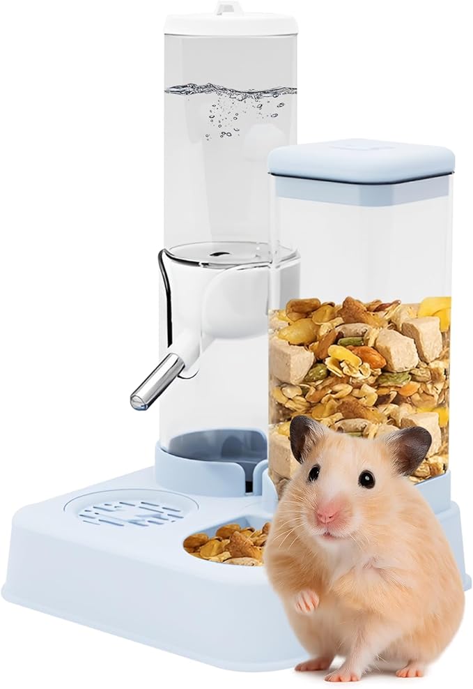 2-in-1 Hamster Water Bottle & Enhanced Food Dispenser - 35% Larger Food Capacity, Leak-Proof Design for Glass Tanks/Wire Cages Small Animal Accessories (Blue, 4.9IN+5.1IN+5.7 in)