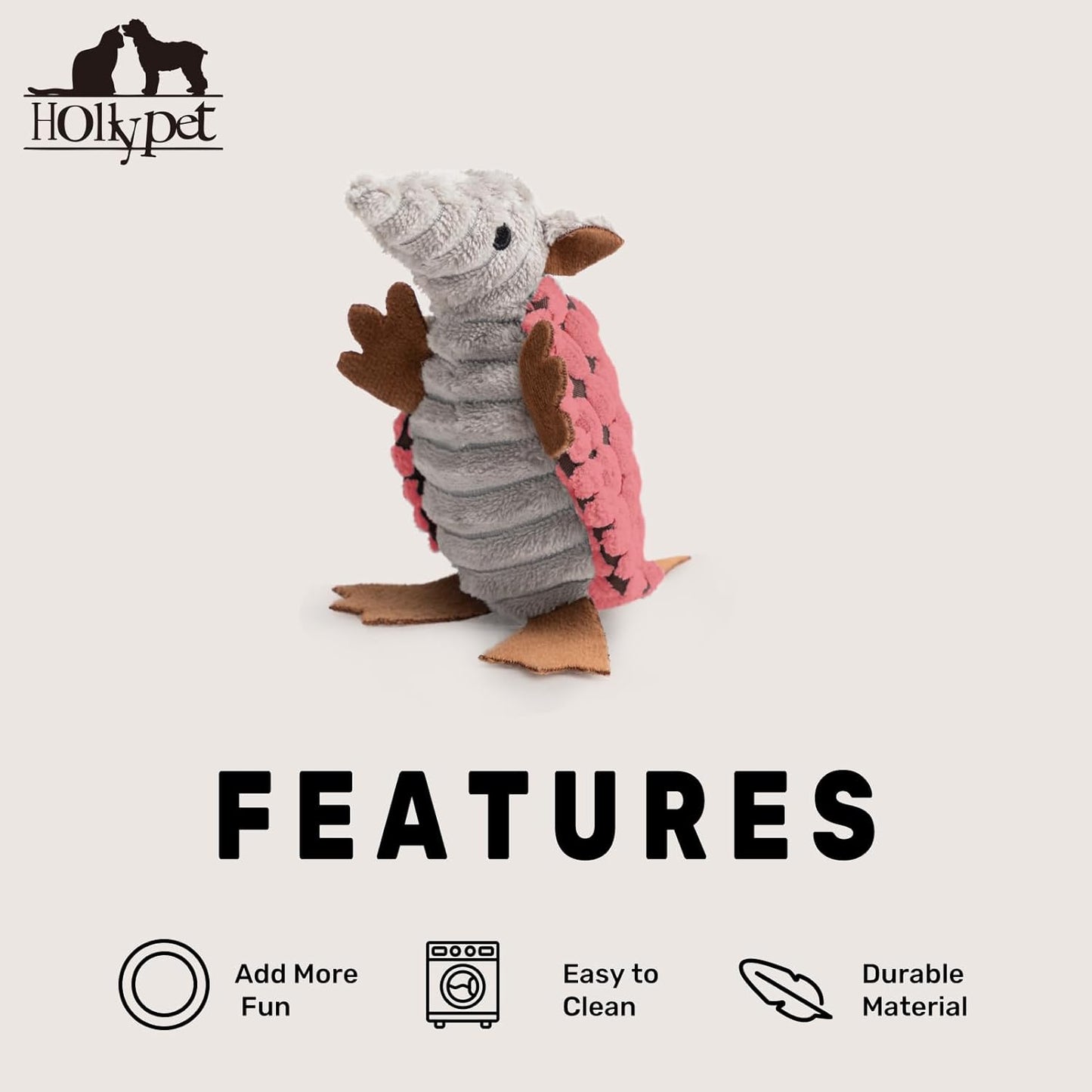 Hollypet Plush Dog Squeaky Toy Stuffed Armadillo Animal Pet Puppy Chew Toys with Clean Teeth for Small Medium Large All Breed Sizes Dogs, Bright Pink, 6 in