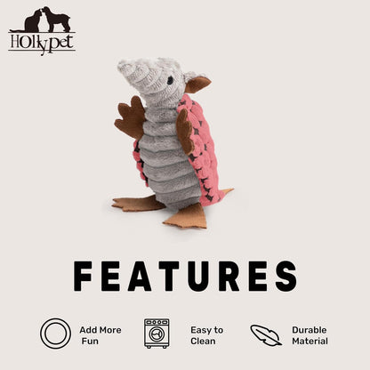 Hollypet Plush Dog Squeaky Toy Stuffed Armadillo Animal Pet Puppy Chew Toys with Clean Teeth for Small Medium Large All Breed Sizes Dogs, Bright Pink, 6 in