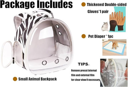 Portable Small Animal Backpack with Zebra Printing, Space Capsule Bubble Pet Carrier Cage Travel for Guinea Pig, Rabbit, Hamster, Bird, Bearded Dragon, Sugar Glider, Squirrel, Tortoise, Lizard