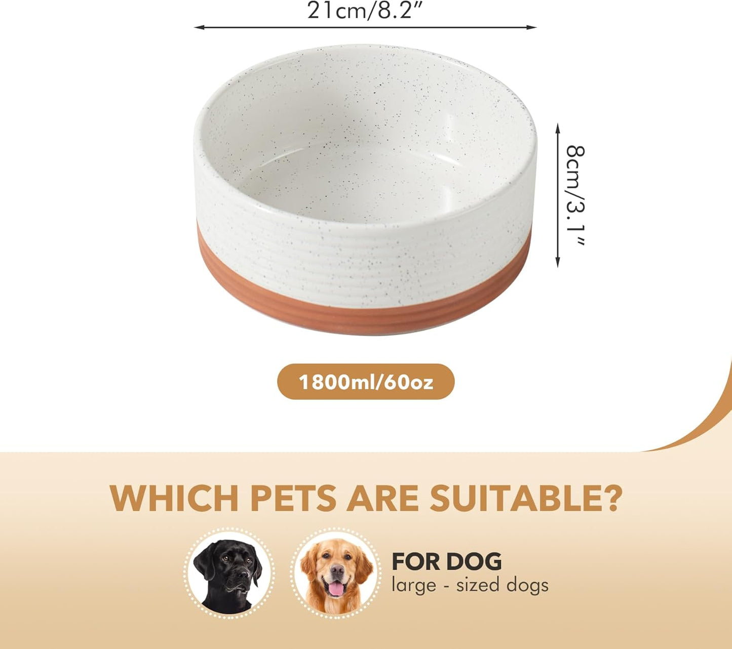 Ceramic 8.2inch Dog Bowl for Large Breed Dogs, Anti-Slip and Weighted Pet Food and Water Dishes(Single Bowl, Vanilla White)