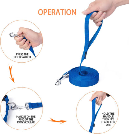 Strong Durable Nylon 15ft Long Dog Training Leash, Traction Rope, 1 Inch Wide, for Small and Medium Dog (Blue, 15 Feet)