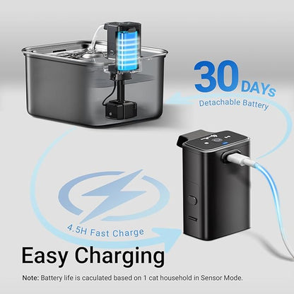 DownyPaws Cat Water Fountain Stainless Steel Cordless, 101 oz/3L FurSink Wireless Cat Water Dispenser for Pets, Battery Operated Pet Drinking Fountain with Motion Sensor, Easy Clean, Black