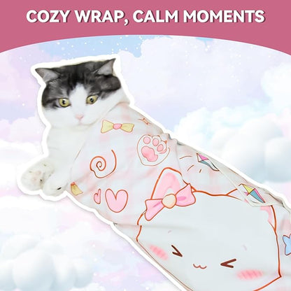 Cat Grooming Wrap for Cutting Nails, 31.5" Anti-Escape Calming Cat Swaddle Wrap for Medicine, Nail Clipping, Teeth Brushing, Ear Cleaning, Self-Adherent Burrito Restraint, (Happy Kitty, XL)