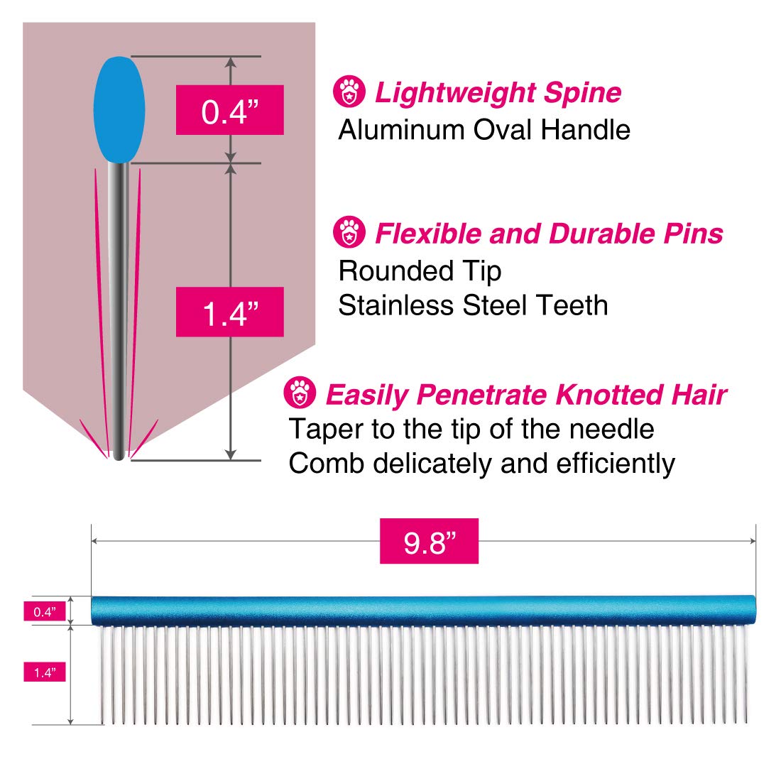 Greyhound Comb with Oval Handle for Dogs and Cats, Removing and Shedding Matted, Tangled Hair, Metal Comb with Stainless Steel Pins, Detangling Grooming Tool (9.8" Blue-20% fine pins)