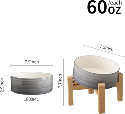 Elevated/Raised 15°Tilted Anti Slip Ceramic Dog Bowl for Medium & Large Breeds,Slanted Bulldog Big Face Pet Food Water Feeding Dish with Stand (7.6 Cups/60OZ) Grey White