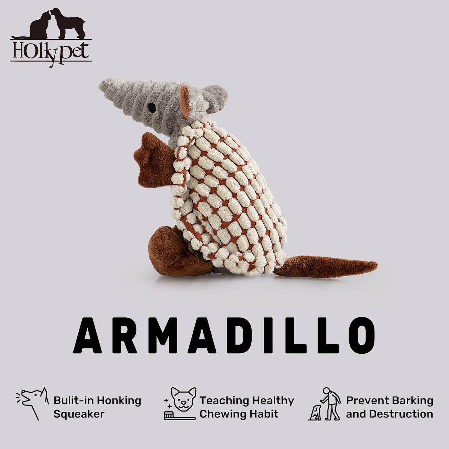 Hollypet Plush Dog Squeaky Toy Stuffed Armadillo Animal Pet Puppy Chew Toys with Clean Teeth for Small Medium Large All Breed Sizes Dogs, Milky White, 8 in