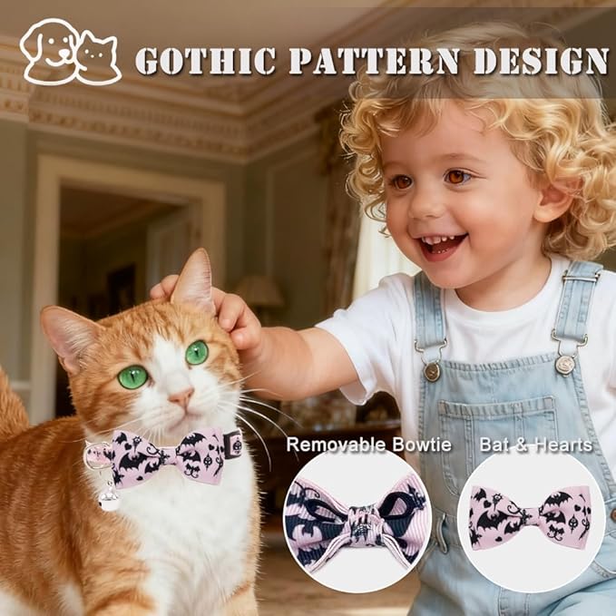 3 Pack Halloween Cat Collar with Detachable Bow Tie & Bell - Breakaway Adjustable Kitten Collars with Skull Gothic Bat Spider Web Pattern for Indoor Outdoor Cats (White, Pink, Black)