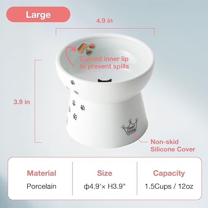 Necoichi Raised Cat Food Bowl – Ceramic Elevated Cat Bowl for Whisker & Neck Fatigue, Dishwasher Microwave Safe – Non-Slip & Anti Vomiting Ergonomic Design (Cats, Large)