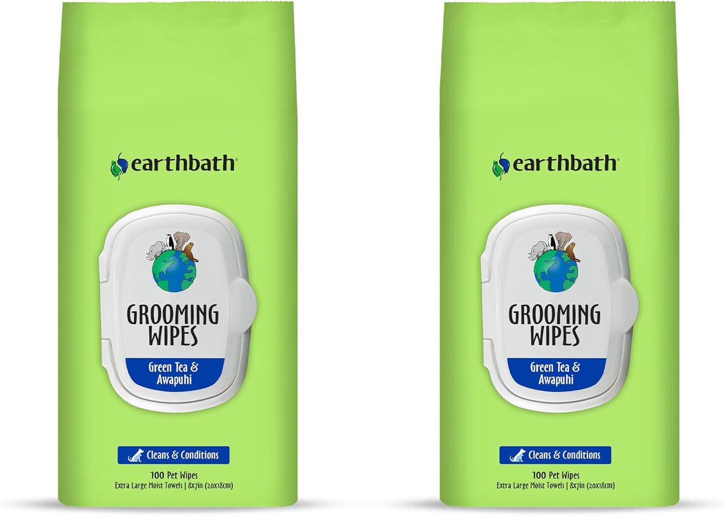 earthbath, Green Tea & Awapuhi Grooming Wipes - Dog Wipes for Paws and Butt, Best Pet Wipes for Dogs & Cats, Made in USA, Cruelty-Free Dog Cleaning Wipes, Removes Dirt & Dander - 100 Count (2 Pack)